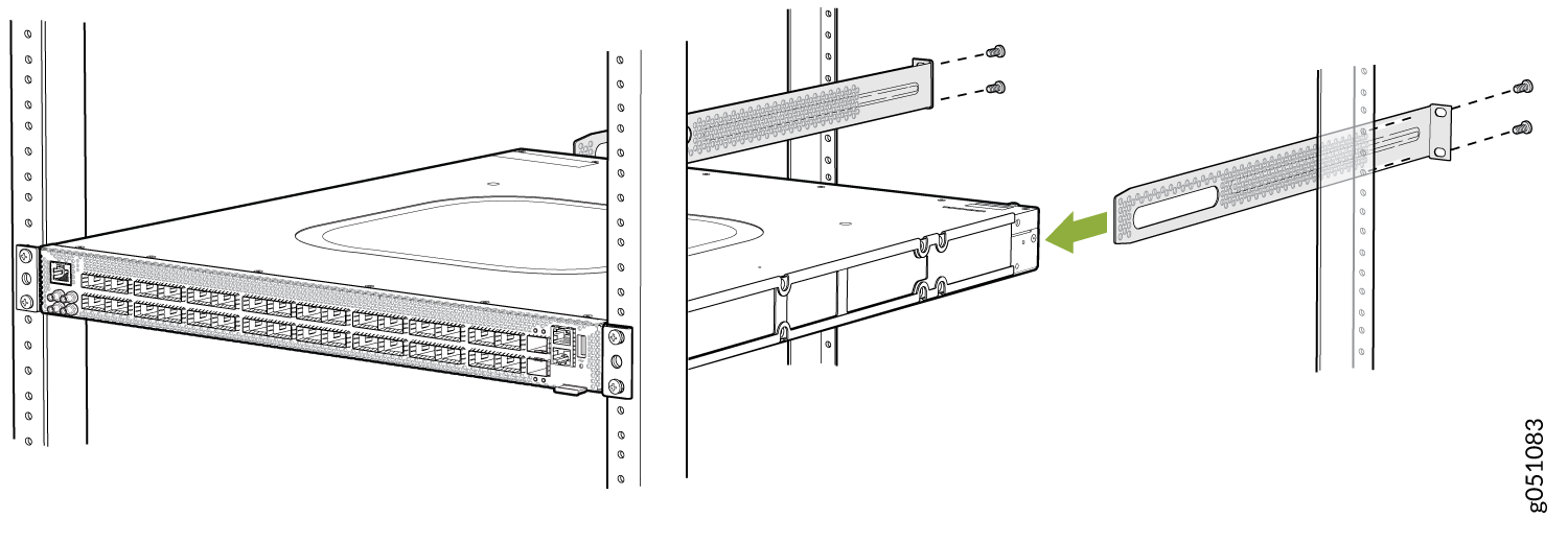 Rack-mounted server installation with mounting brackets and screws highlighted by a green arrow in a data center environment.
