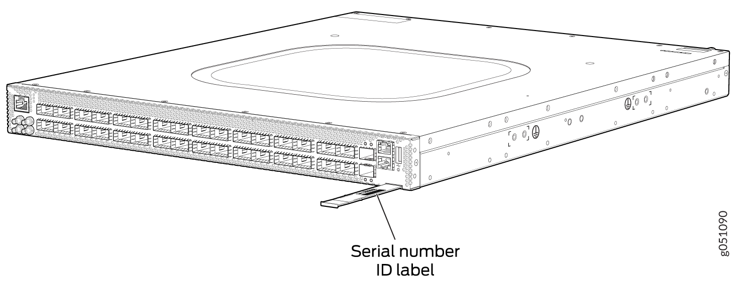 Line drawing of a network switch with multiple front panel ports and labeled serial number ID location.