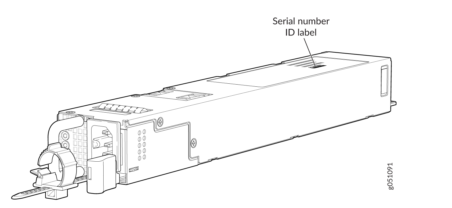 Technical drawing of a power supply unit for servers with serial number ID label, connectors, handle, and ventilation holes.