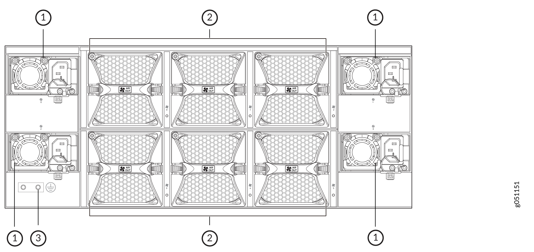 Cooling system schematic with fans expelling hot air, honeycomb panels for airflow, and grounding points for safety.