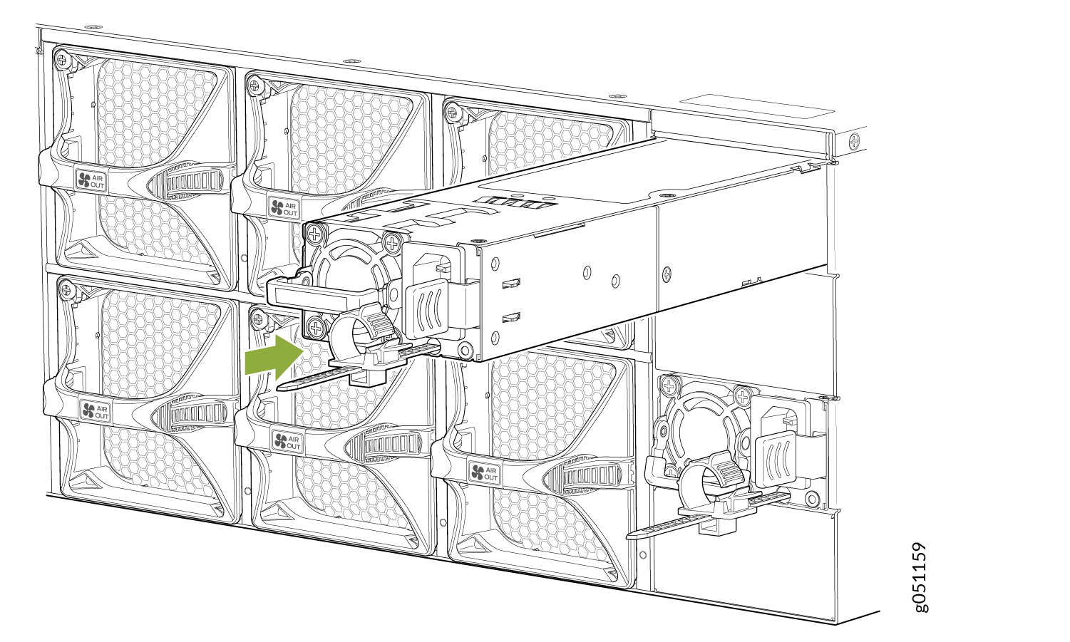 Server chassis with cooling fans labeled AIR OUT; component being inserted or removed with arrow indicating movement direction.