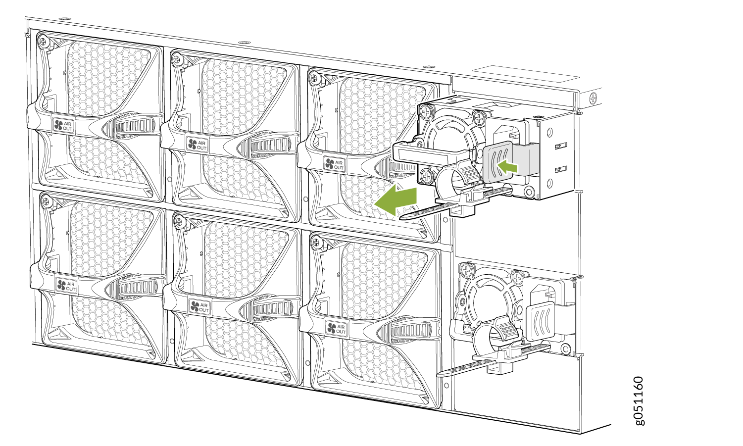 Modular server cooling system with grid of labeled AIR OUT fans; one fan module being removed, shown by green arrows.