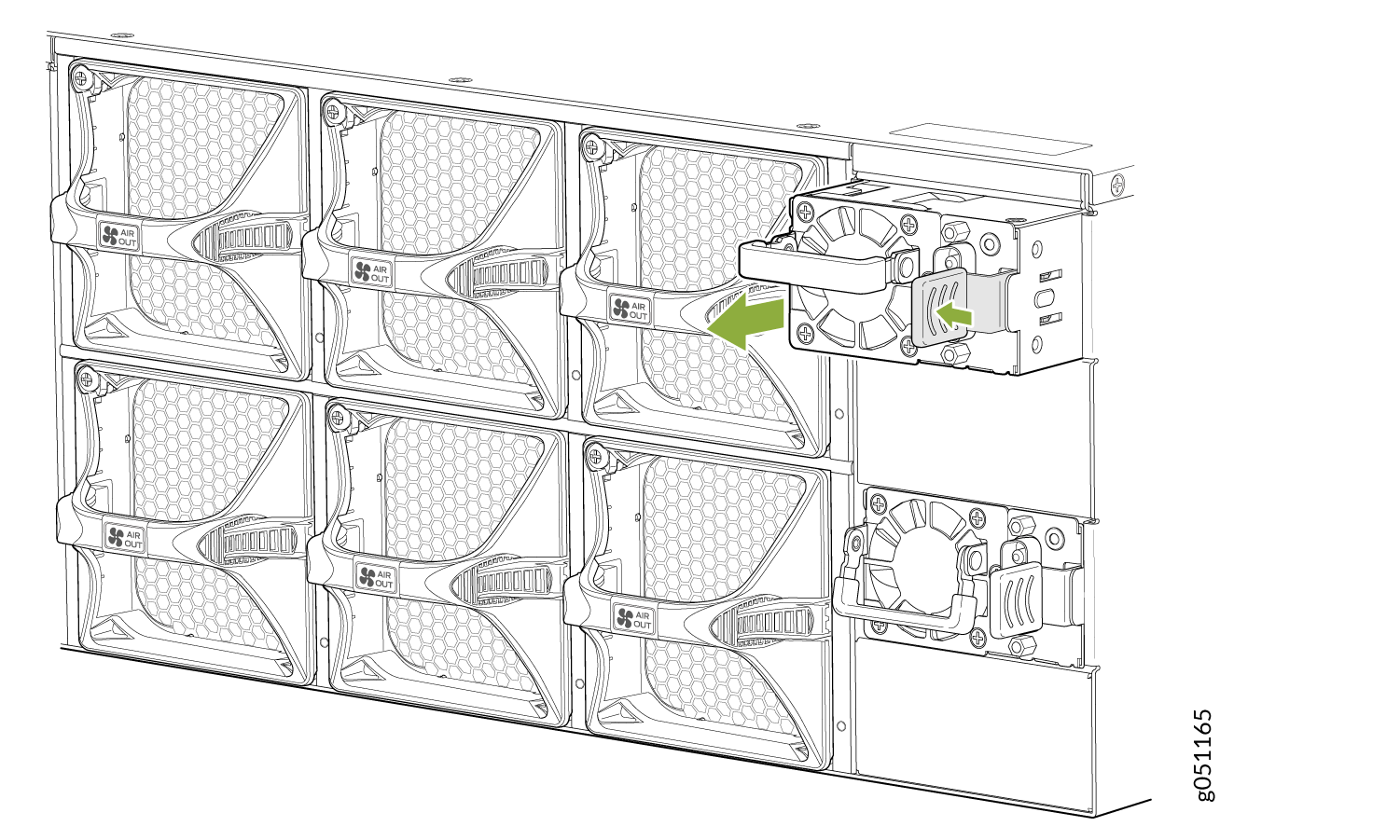 Server cooling system with grid of fans; one fan highlighted for removal or installation, airflow direction labeled 'AIR OUT'.