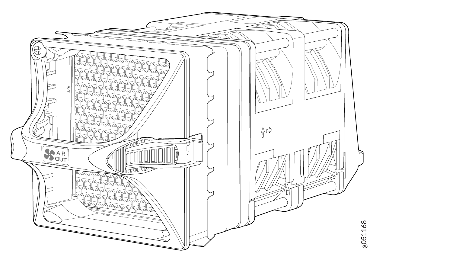 Computer server fan module with honeycomb front, labeled AIR OUT, showing airflow direction with arrows.
