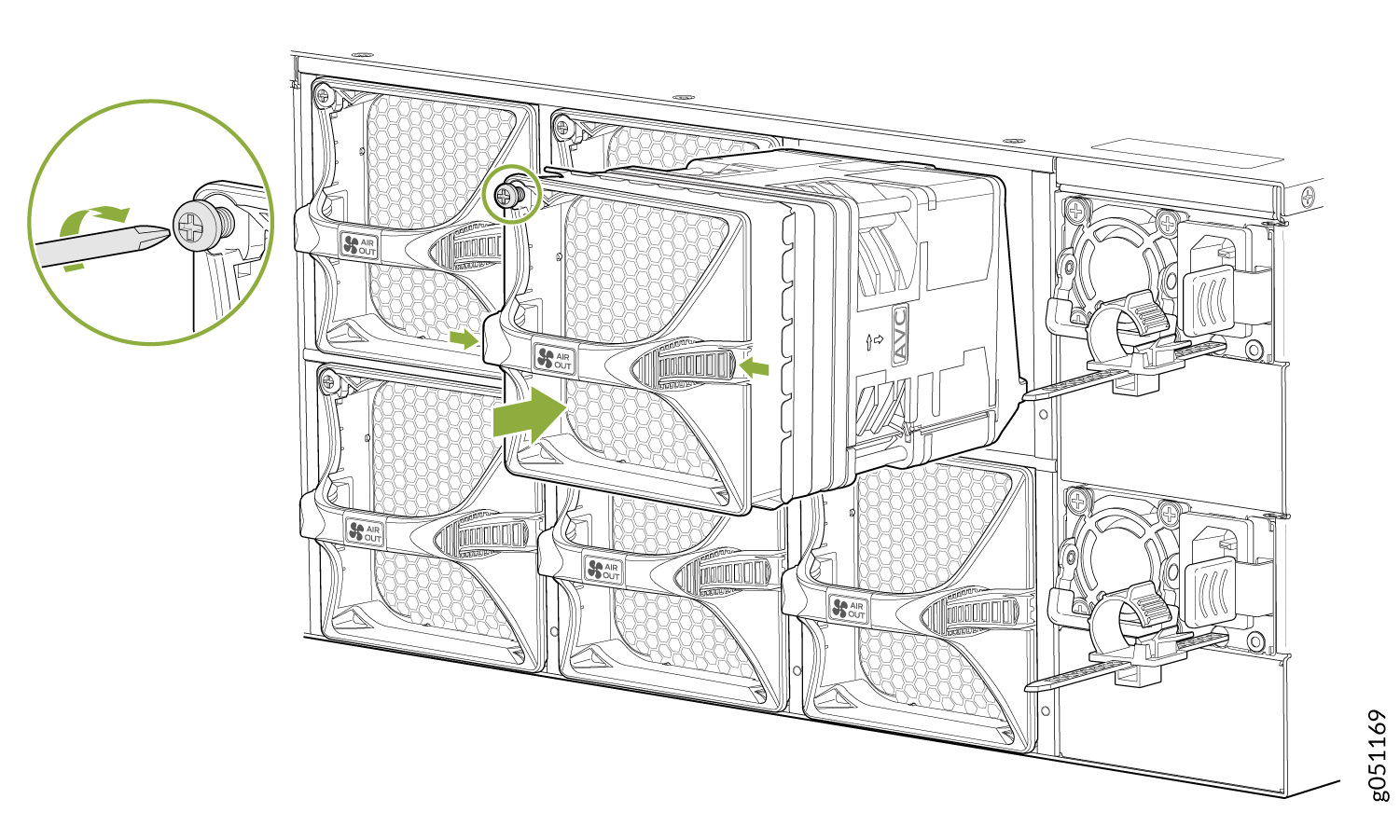 Illustration of installing or removing cooling fans in a server with arrows showing fan unit direction and airflow labeled Air Out.