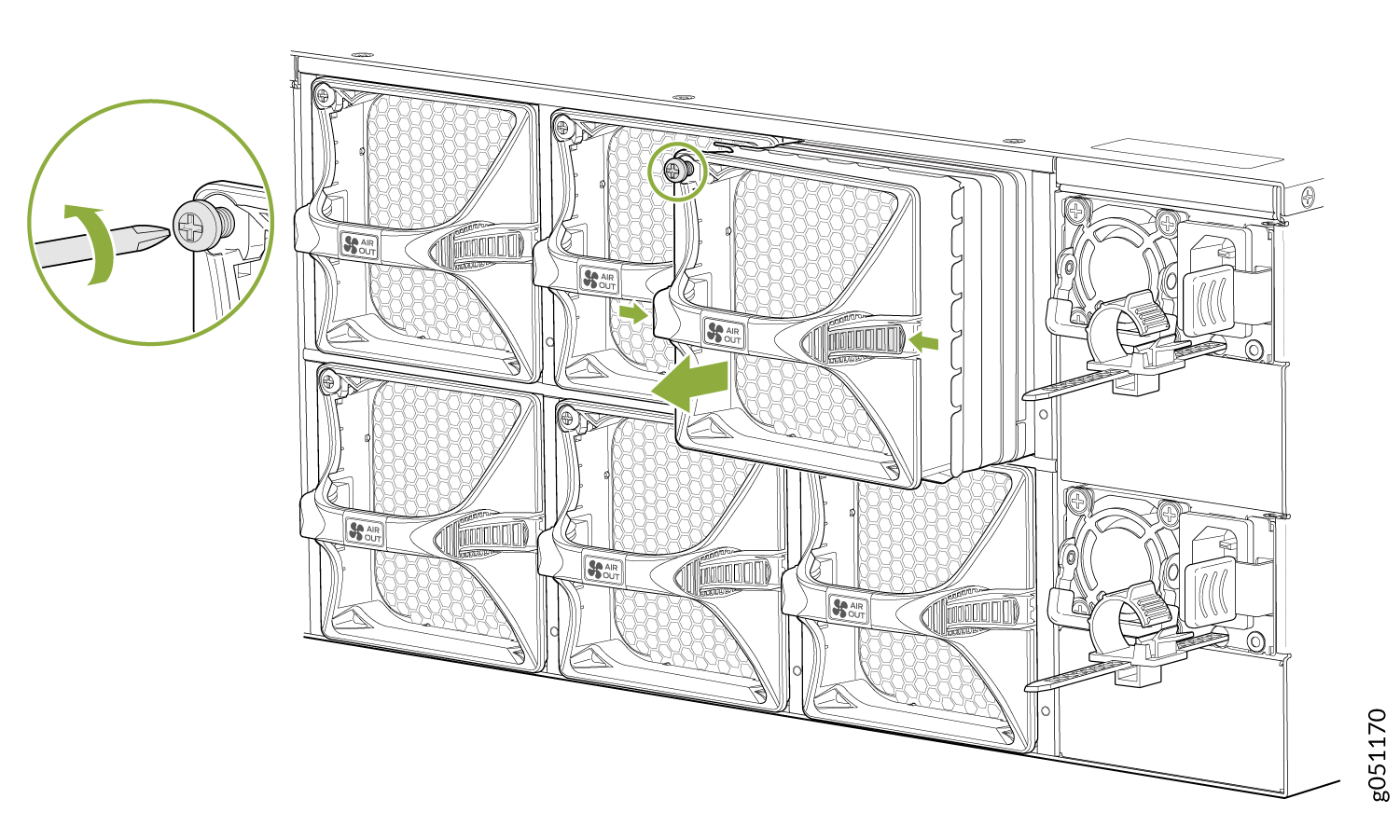 Technical illustration of server equipment showing how to remove cooling fans. Arrows and inset guide unscrewing fan module. Air Out label shows airflow direction.