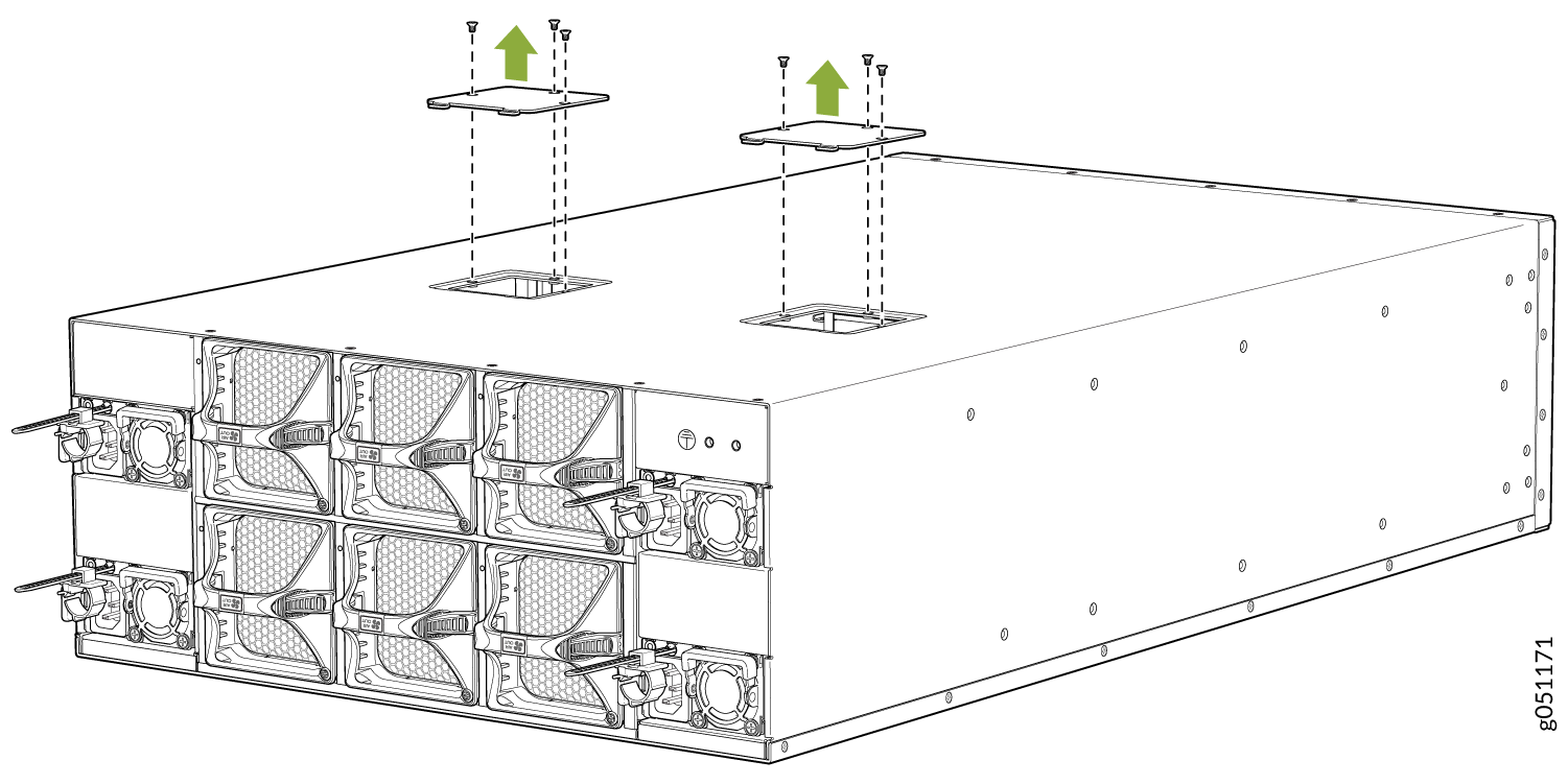 Rear view of a server chassis with multiple cooling fans and arrows indicating the removal of top panels for maintenance.