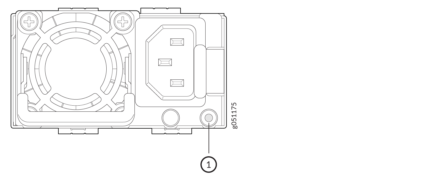 Technical drawing of an electronic component with a fan on the left, IEC C14 power inlet on the right, labeled part 1.