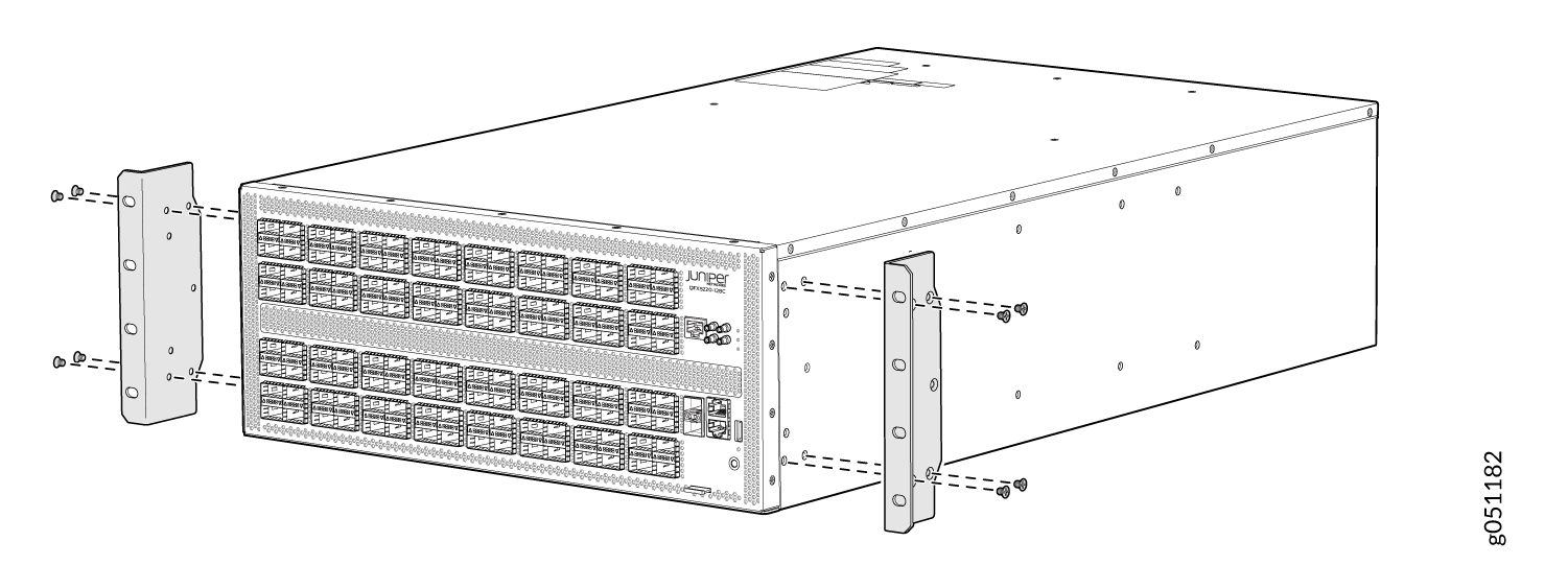 Juniper Networks device with rack-mount brackets being secured with screws for installation into a server rack.