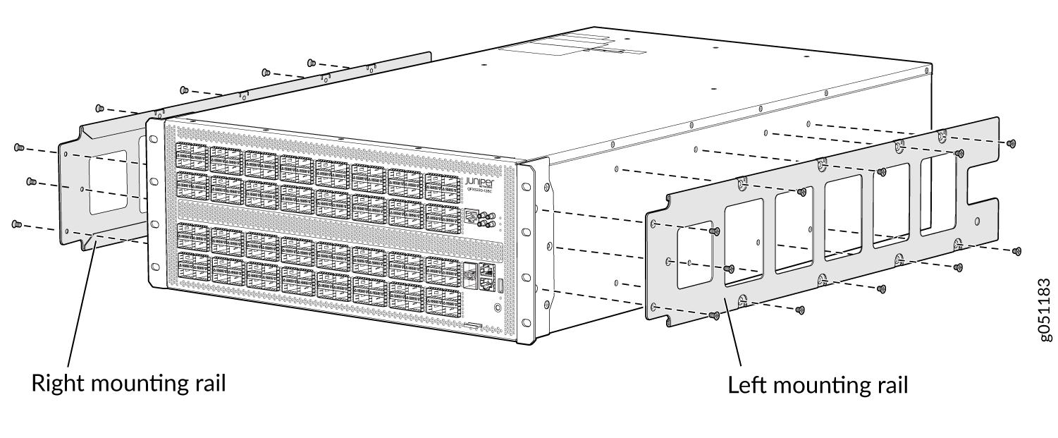 Diagram of a network device with instructions for attaching left and right mounting rails and screw placement for rack installation.