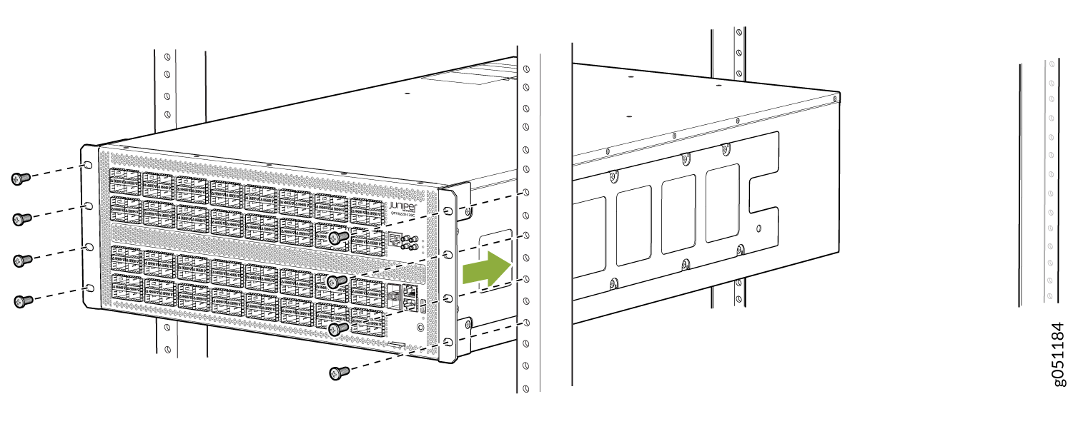 Juniper Networks switch being installed in a server rack, showing front panel ports and direction of insertion with a green arrow