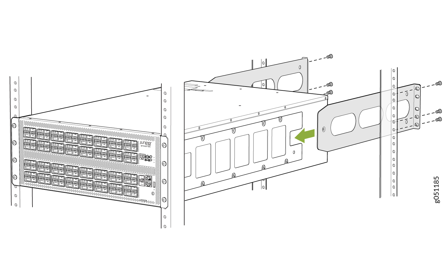 Juniper Networks QFX Series switch being installed in server rack with mounting brackets, screws, and green arrow indicating installation step.