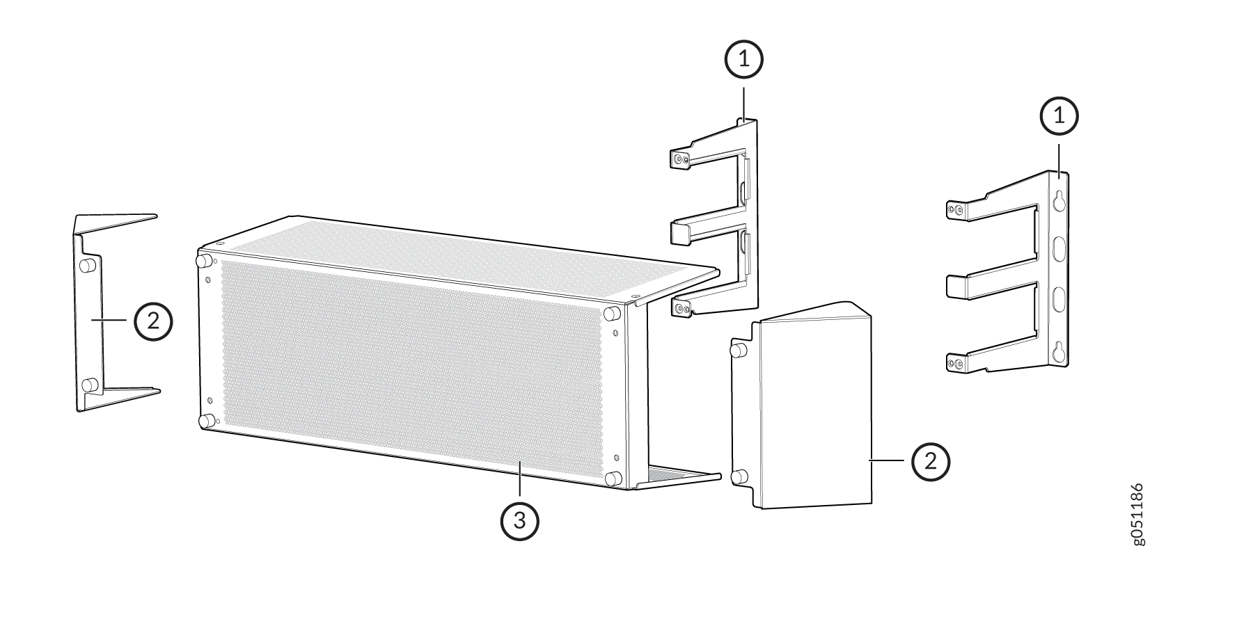 Exploded diagram of a radiator assembly with labeled parts: radiator 3, mounting brackets 1, and protective panels 2.