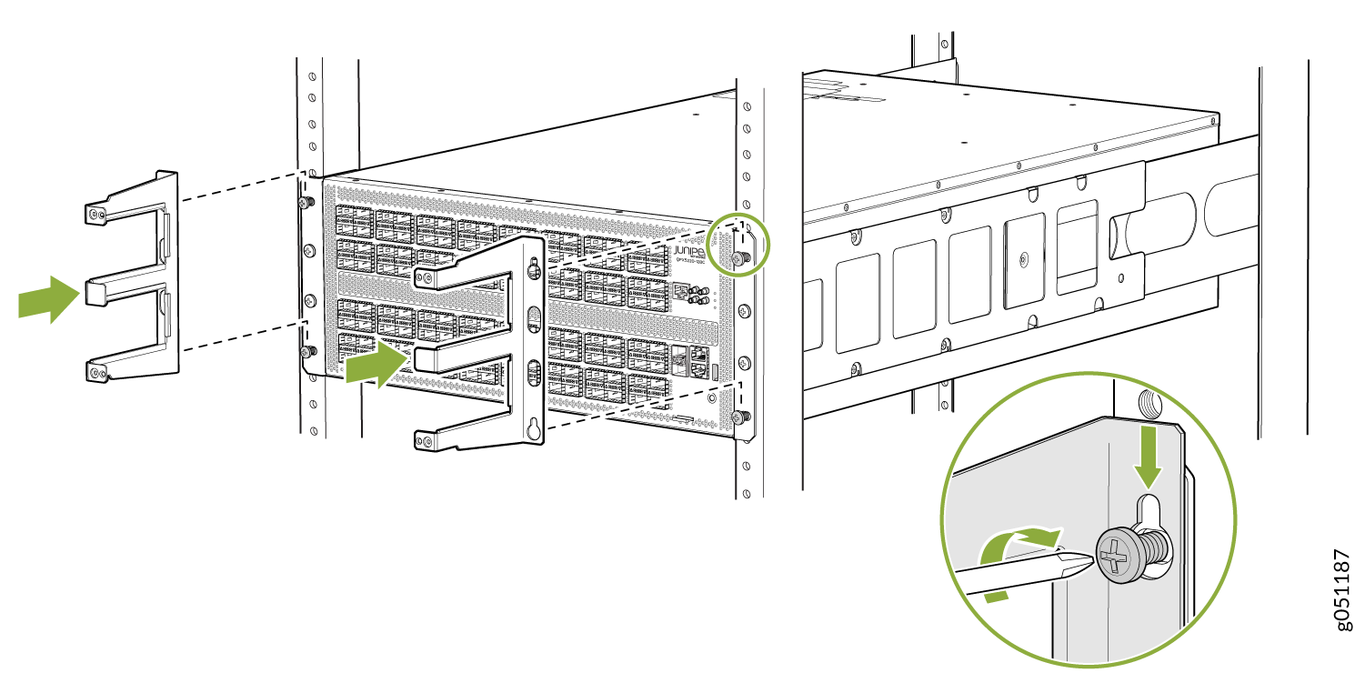 Installing a Juniper Networks device in a server rack with mounting brackets and securing screws. Arrows indicate screw tightening direction.