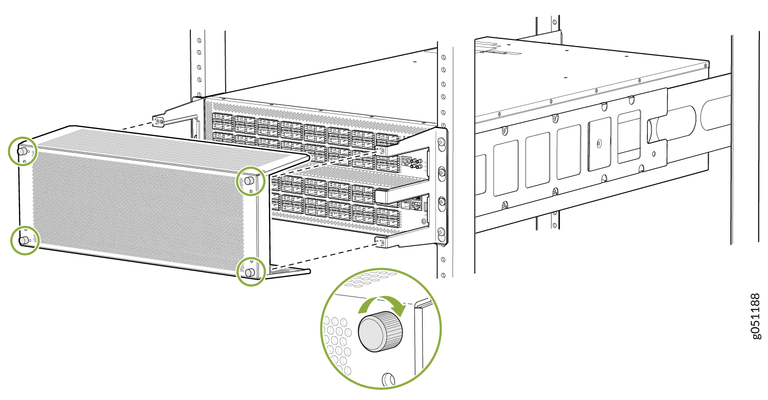 Rack-mounted server front panel with green circles highlighting screws for attachment. Inset shows a knob for tightening or loosening.