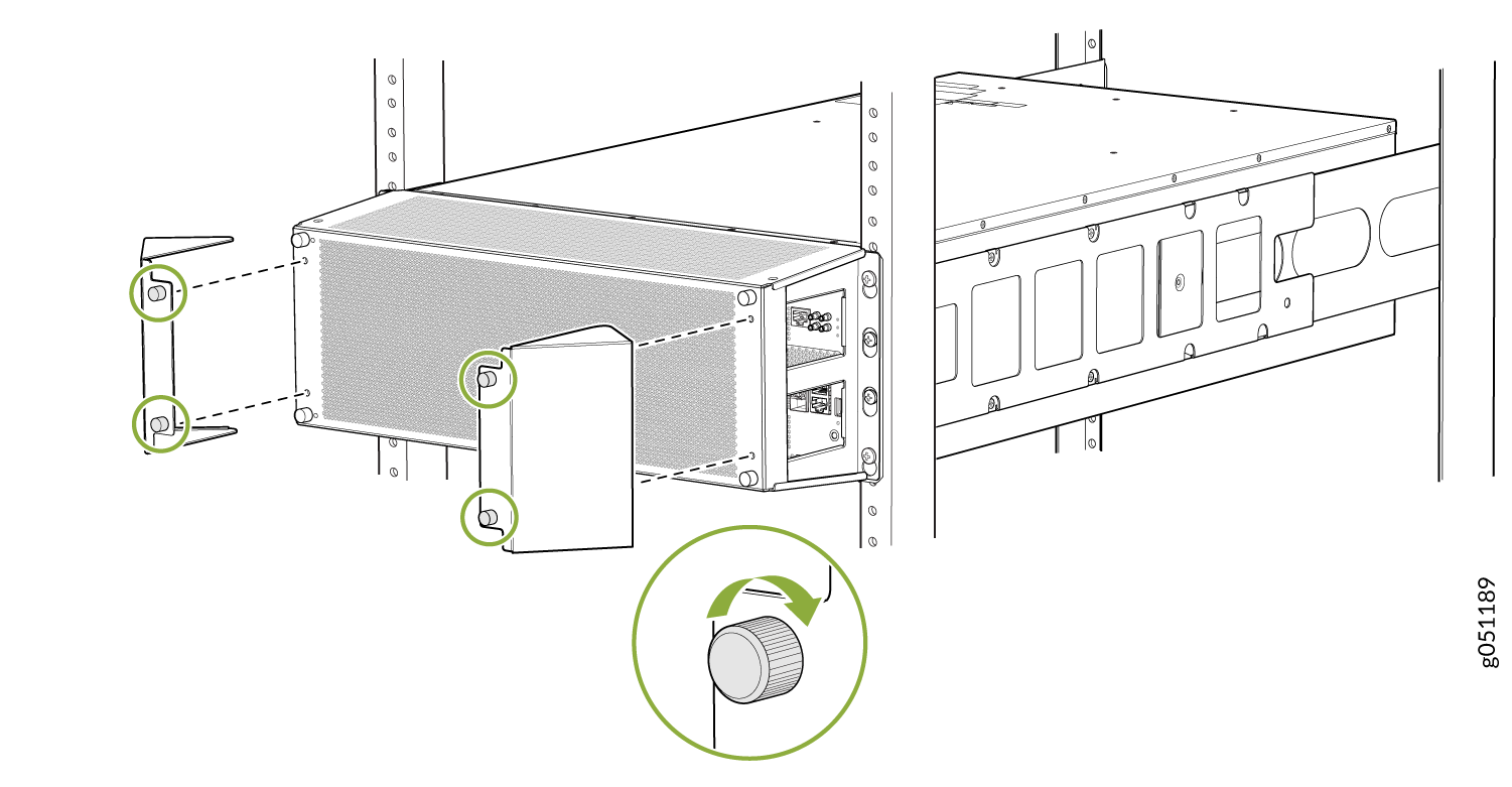 Technical illustration of a rack-mounted server being installed with mounting brackets and knobs on rack rails.