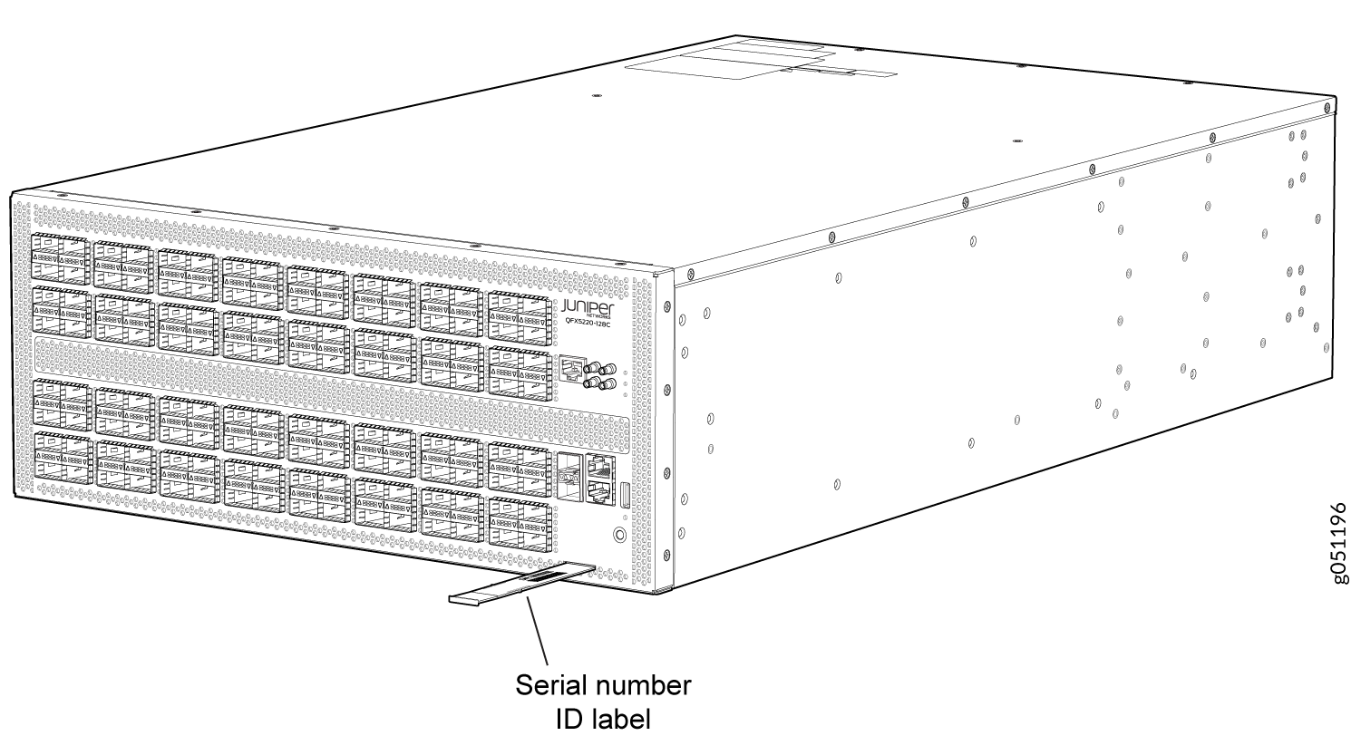 Juniper Networks QFX5220-128C switch line drawing with serial number ID label and multiple network ports on front panel.