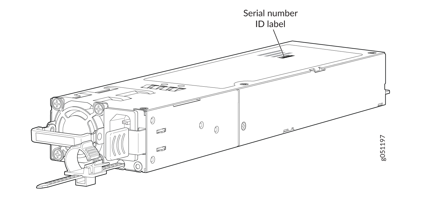 Technical drawing of a PSU with serial number ID label, handle for removal, ventilation, and mounting points for installation.
