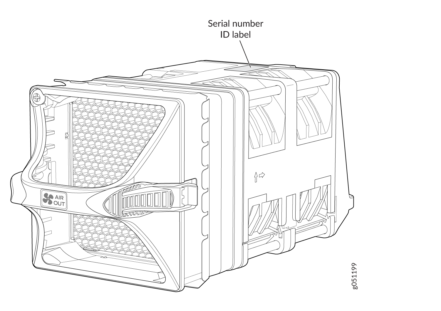 Technical drawing of modular component with honeycomb-patterned vent labeled AIR OUT for cooling airflow and Serial number ID label for tracking.