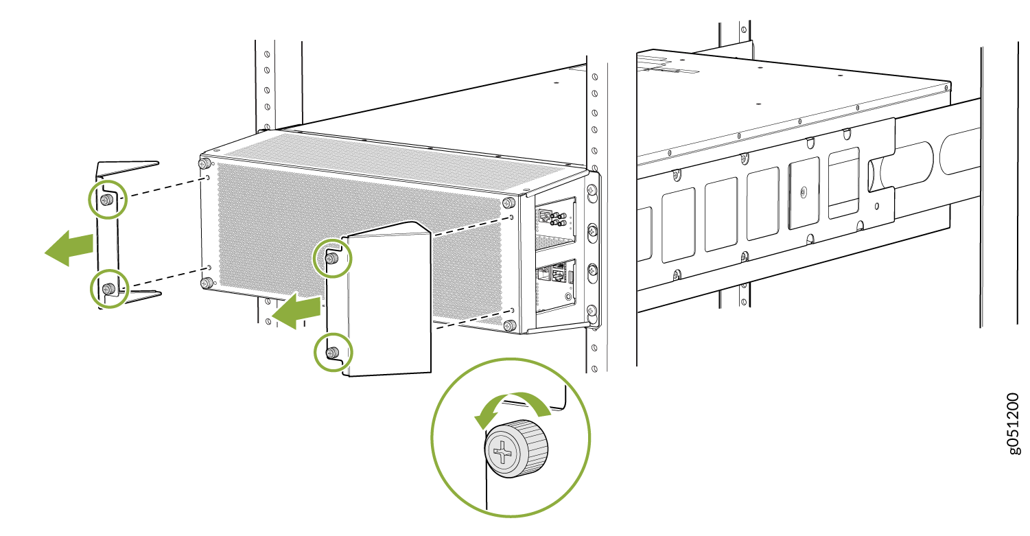 Server installation or removal process with screws and brackets, highlighted by green arrows and circles for guidance.