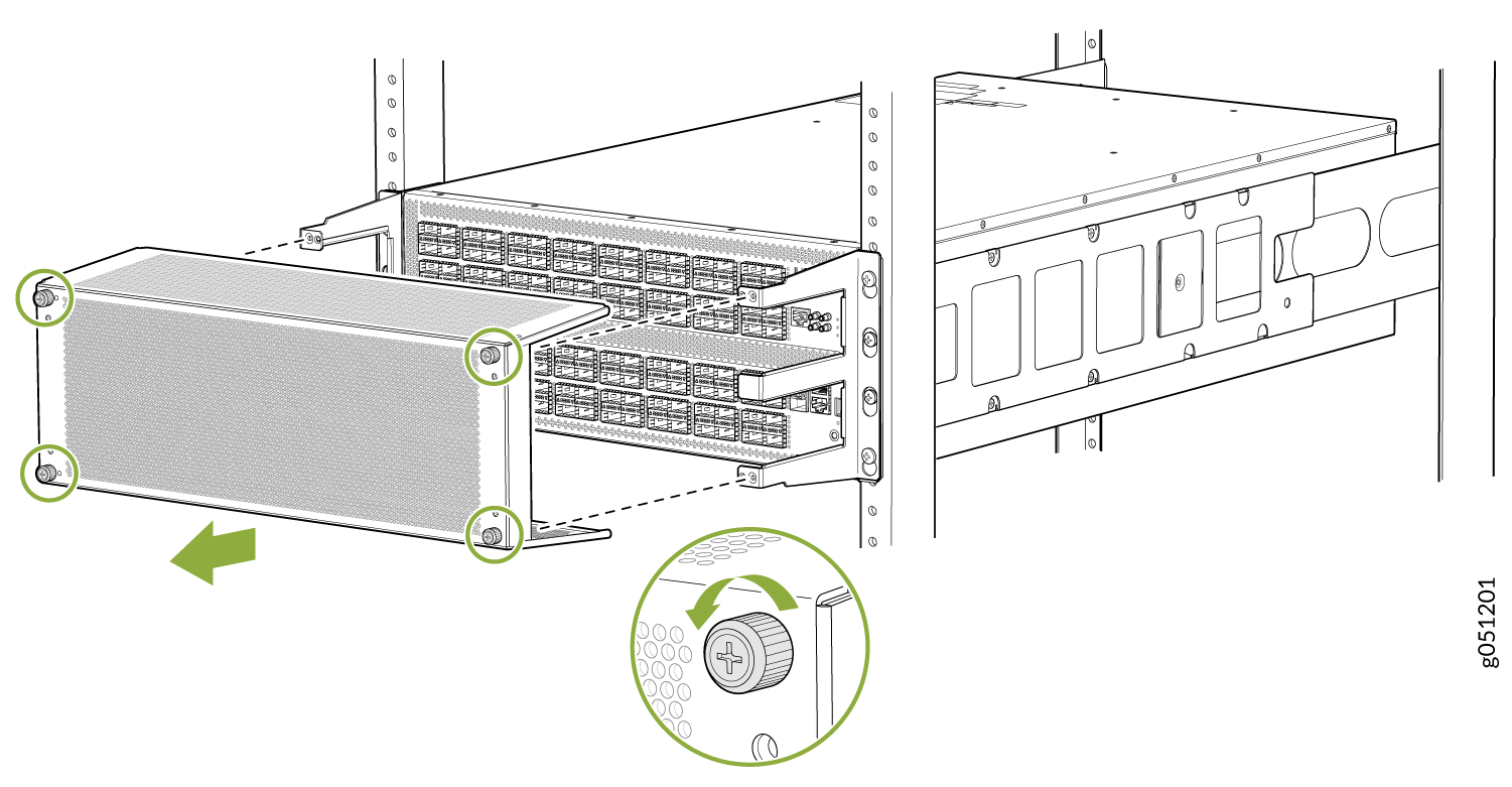 Server rack illustration showing steps to remove or install a front panel using green arrows and highlighted knobs.
