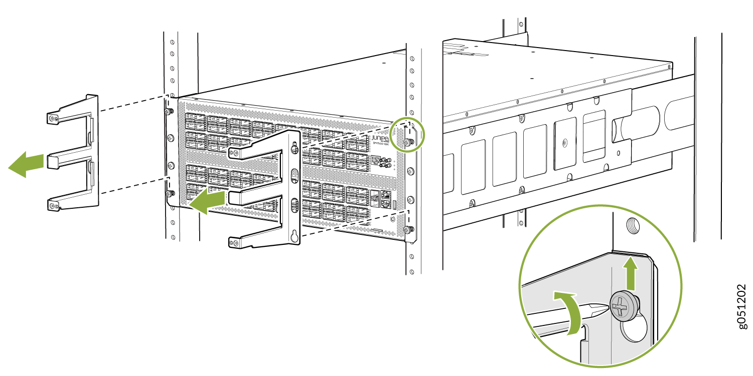 Juniper Networks device being mounted on a rack using brackets, with screws being tightened on the rack rails.