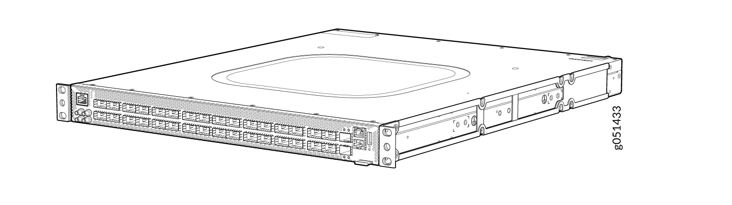 Line drawing of a rack-mounted network switch with Ethernet ports and status indicators.