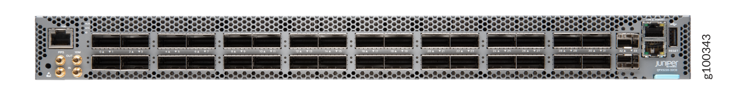 Juniper Networks QFX5220-32CD switch with 32 QSFP28/QSFP-DD ports, management interfaces, and cooling design for data centers.