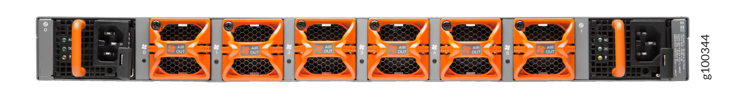 Rear view of server chassis with multiple cooling fans labeled AIR OUT and power supply units with connectors and handles.
