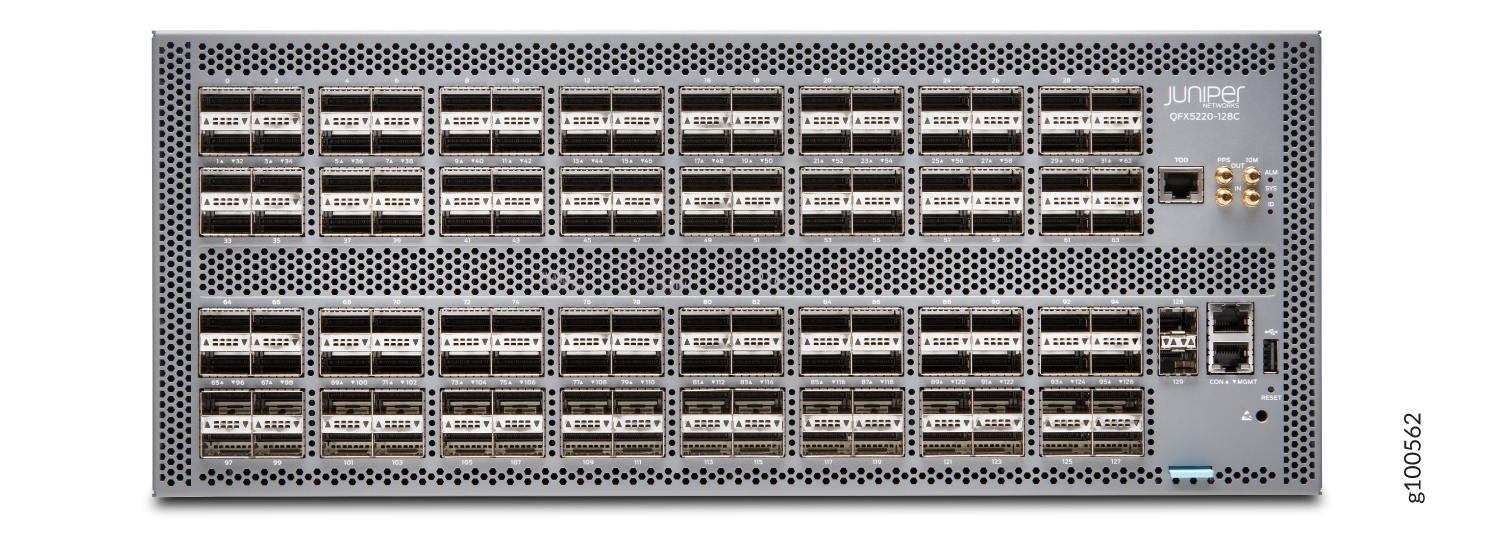 Juniper Networks QFX5220-128C switch with 128 high-speed ports for 100GbE, 200GbE, and 400GbE connections.