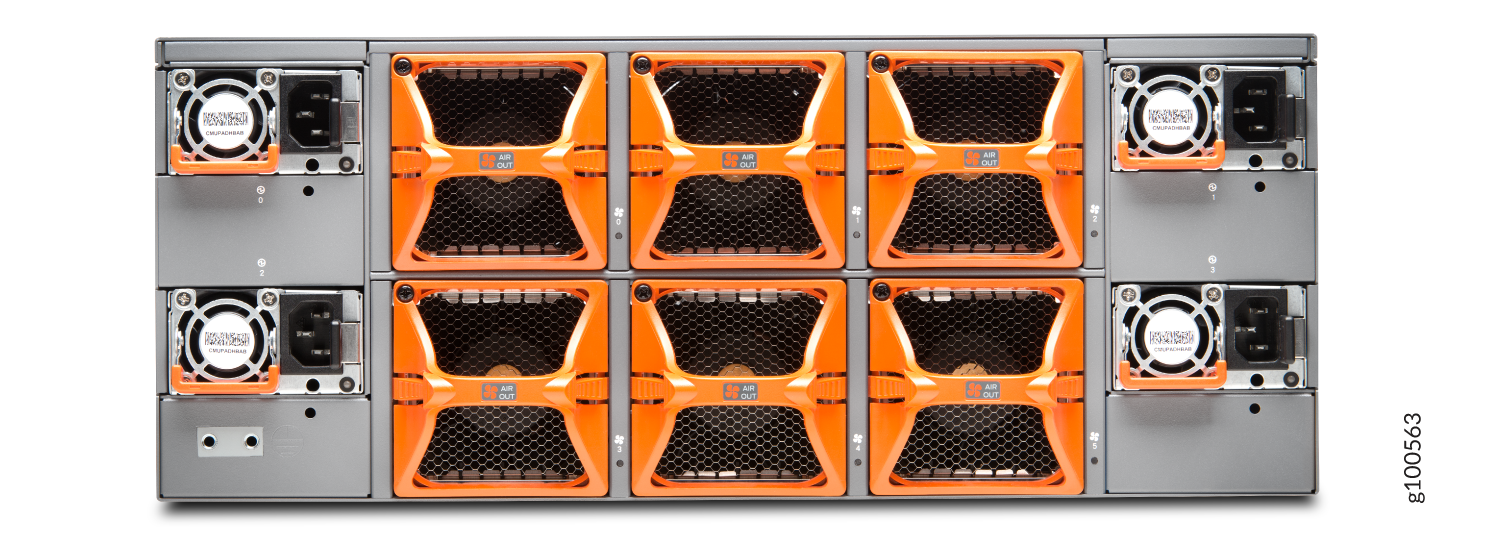 Rear view of server chassis with cooling fans, power supply units, and 