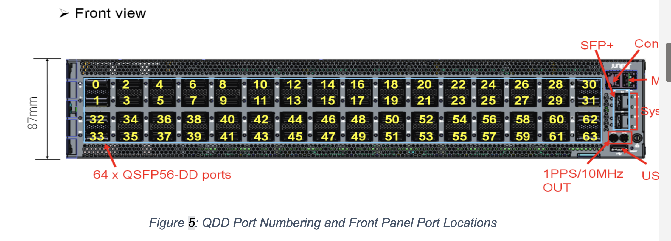 High-performance networking device with 64 QSFP56-DD ports, 1 SFP+ port, console, management, system ports, timing outputs, and universal serial port.
