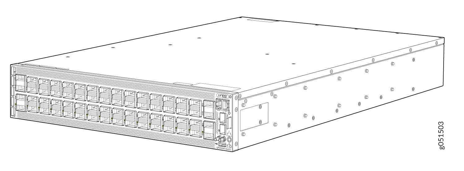 Line drawing of a Juniper QFX5130-64CD network switch with multiple high-speed data ports for data centers.