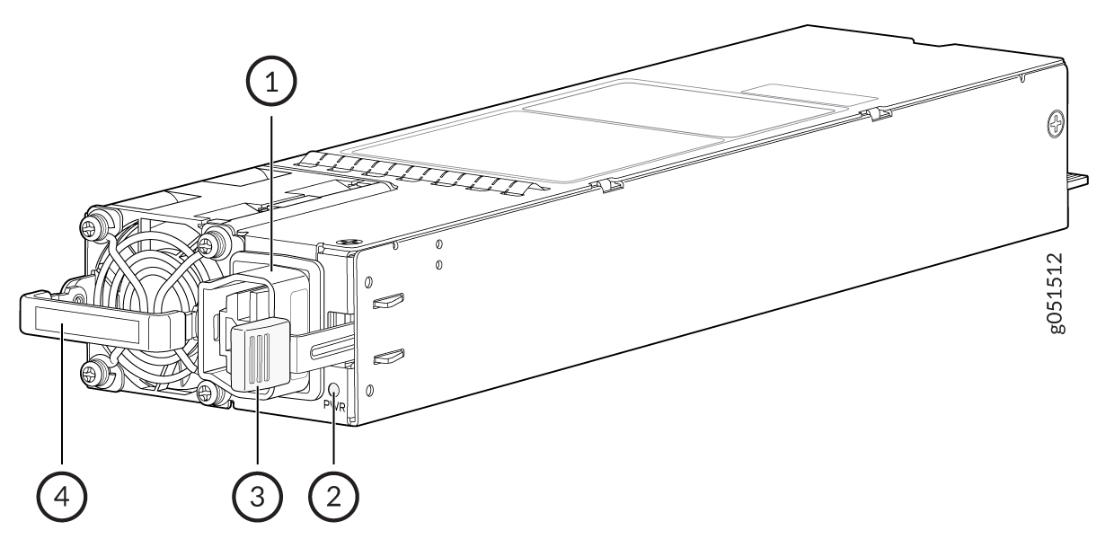 Technical illustration of a power supply unit with labeled components including top cover, status indicator LED, connector, handle, and cooling fan.