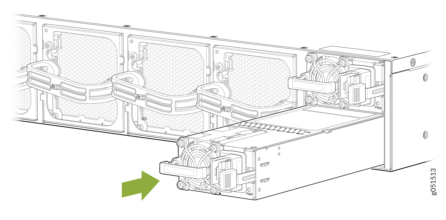 Technical illustration of a server chassis with a modular PSU being installed or removed, indicated by a green arrow.