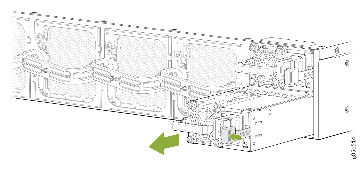 Technical illustration of server chassis showing PSU removal or installation with green arrows indicating direction. Includes cooling fans and airflow guides labeled AIR OUT.