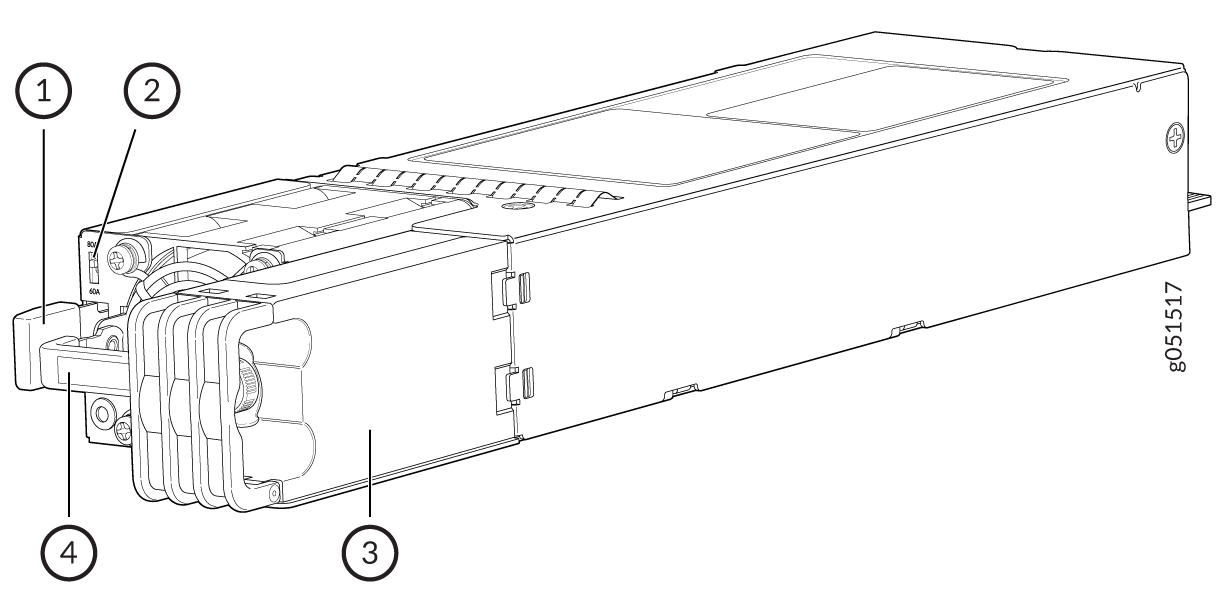 Technical illustration of a modular server power supply unit with labeled components including connector, screws, cooling fins, and handle for easy replacement.