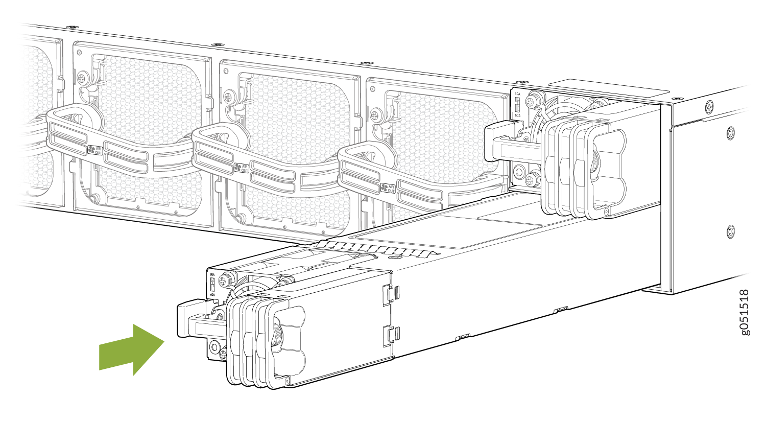 Removing power supply unit from server; green arrow shows direction; features honeycomb grilles and connectors.