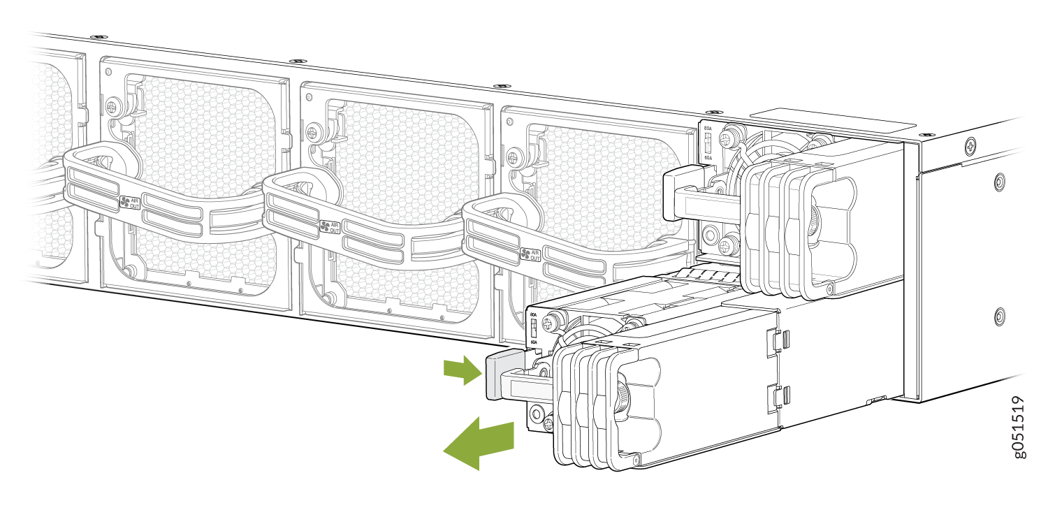 Removing or inserting modular power supply unit with green arrows indicating movement direction; honeycomb vents suggest airflow.