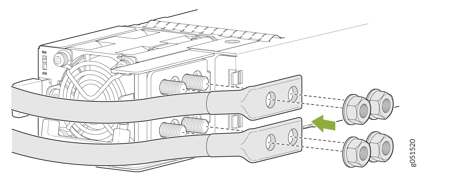 Technical illustration of power connection setup showing two cables with lug terminals connected to threaded studs, with green arrow indicating assembly direction. Device marked with 80A and 60A current ratings.