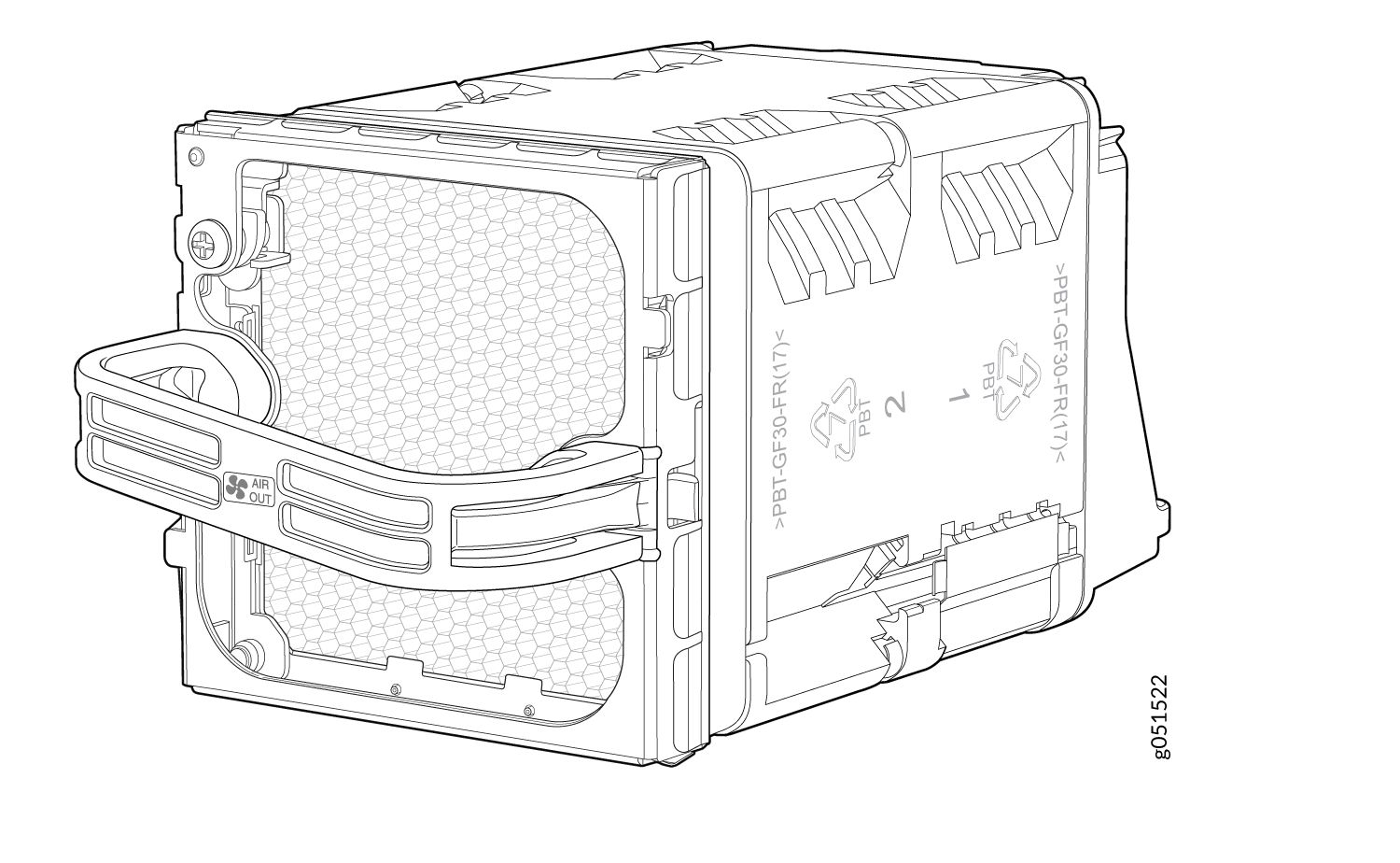 Technical line drawing of a modular server component with honeycomb vent labeled AIR OUT for airflow.