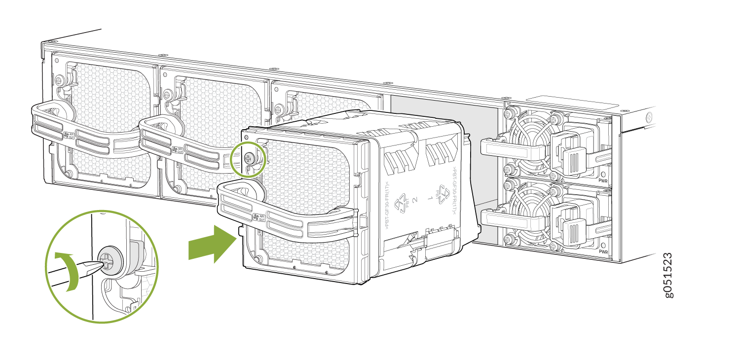 Server component removal or installation process with a tool interacting with a screw, showing honeycomb airflow design and module handles.