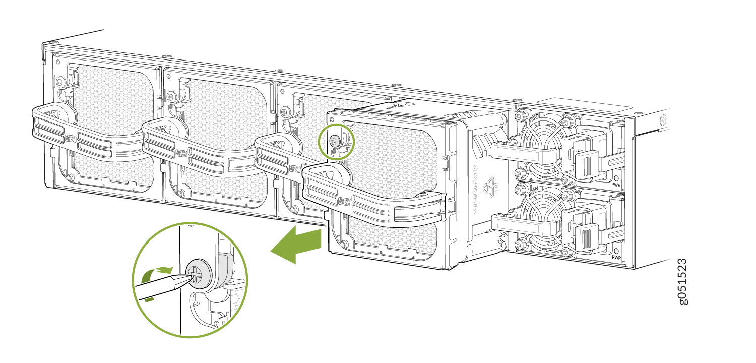 Technical illustration of a server cooling system with rack-mounted fans and honeycomb grilles. Inset shows fan module's locking mechanism.