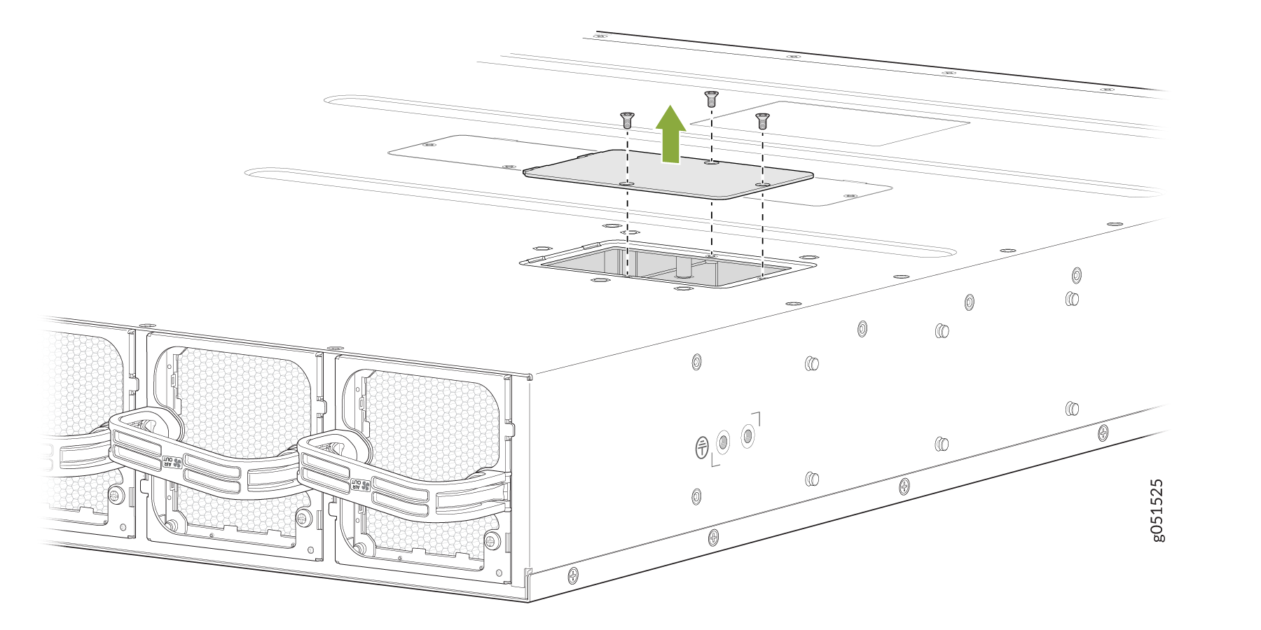 Removing top panel from chassis; green arrow indicates direction. Loosen screws to detach. Front features cooling fans with honeycomb grills.