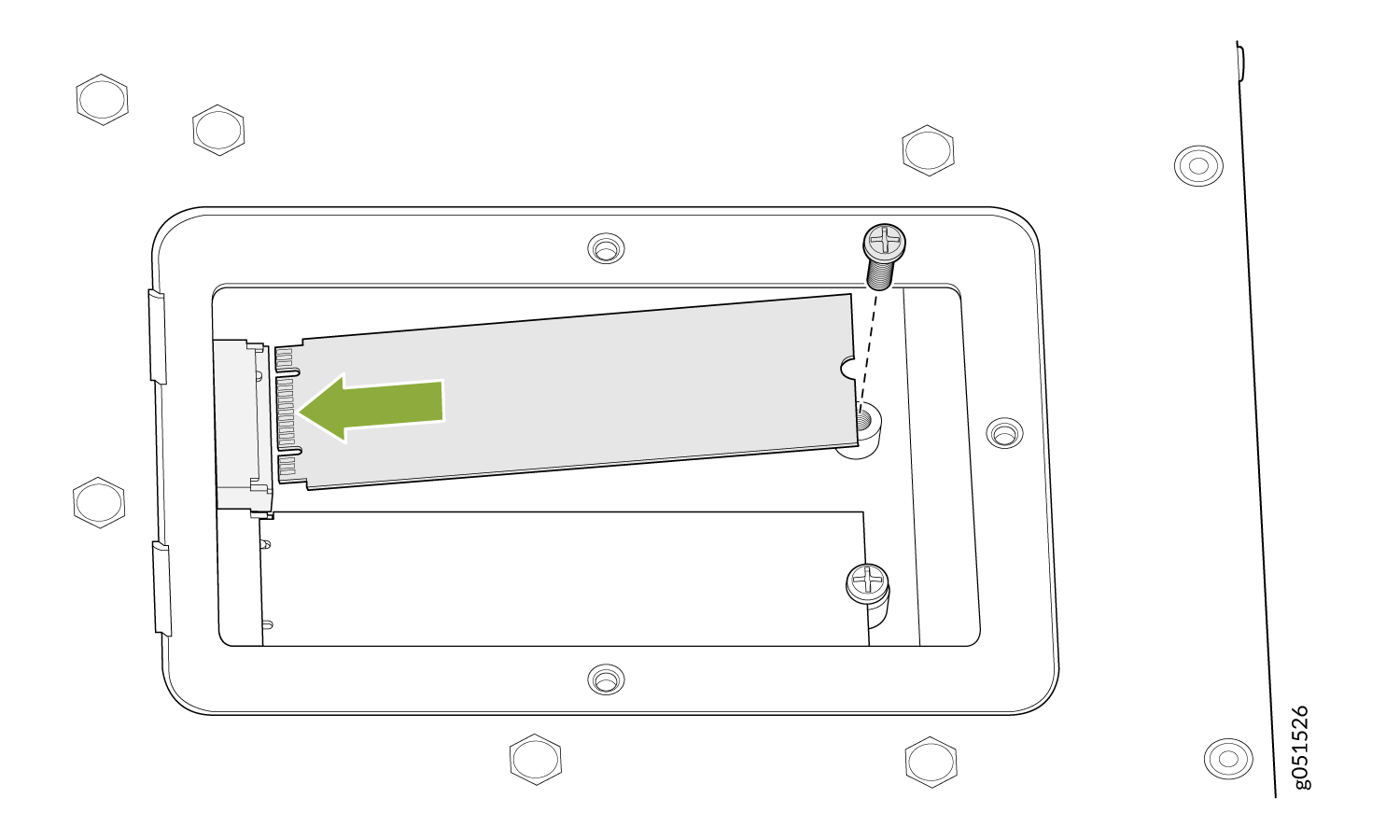 Insert the M.2 SSD into the connector following the green arrow direction and secure it with the screw.