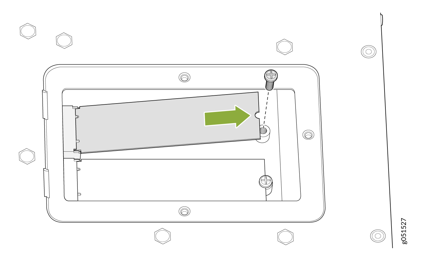 Removing or installing a panel secured by screws; green arrow shows removal direction; hexagons indicate fasteners.
