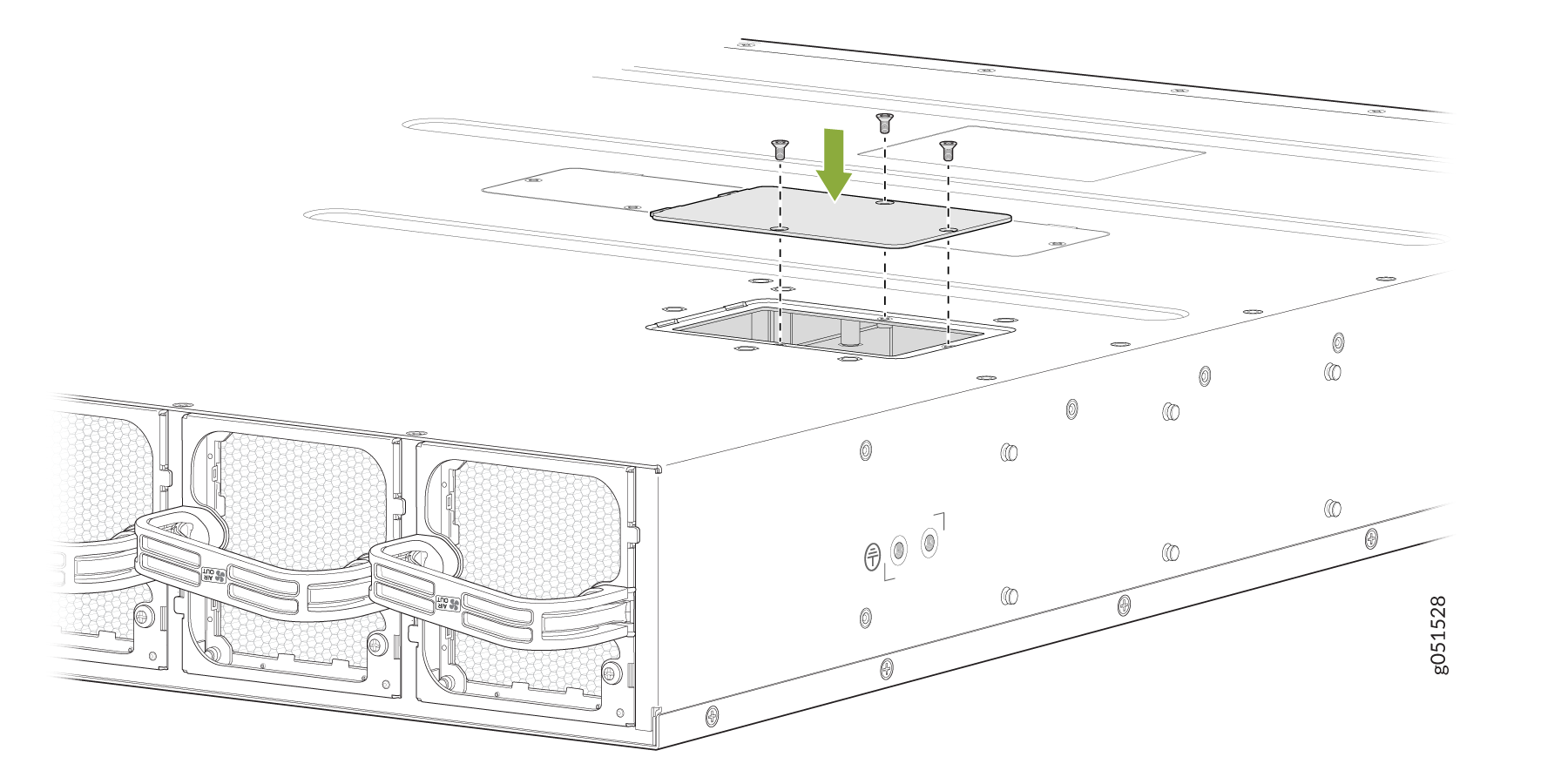 Panel being removed from electronic chassis with arrow and screws shown. Chassis front has honeycomb vent openings for cooling.