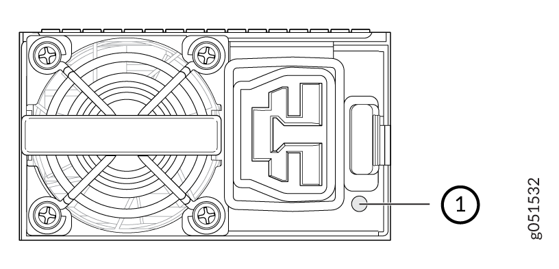 Technical diagram of an electronic module with a cooling fan and grille on the left, connector port on the right, and labeled feature marked as 1.