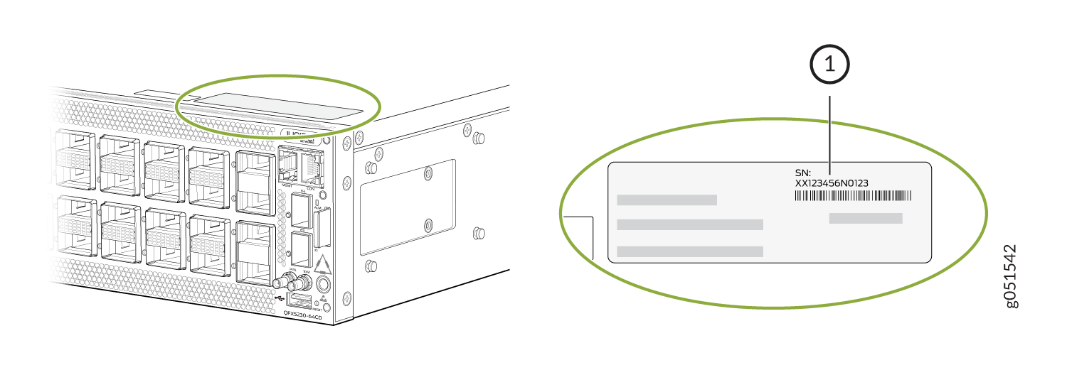 Diagram of a network switch showing front panel ports on the left and a highlighted label with serial number and barcode on the right.
