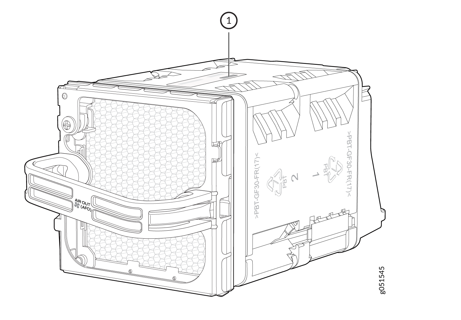 Technical line drawing of a modular air filtration component with honeycomb pattern labeled AIR OUT AFO, indicating airflow direction.